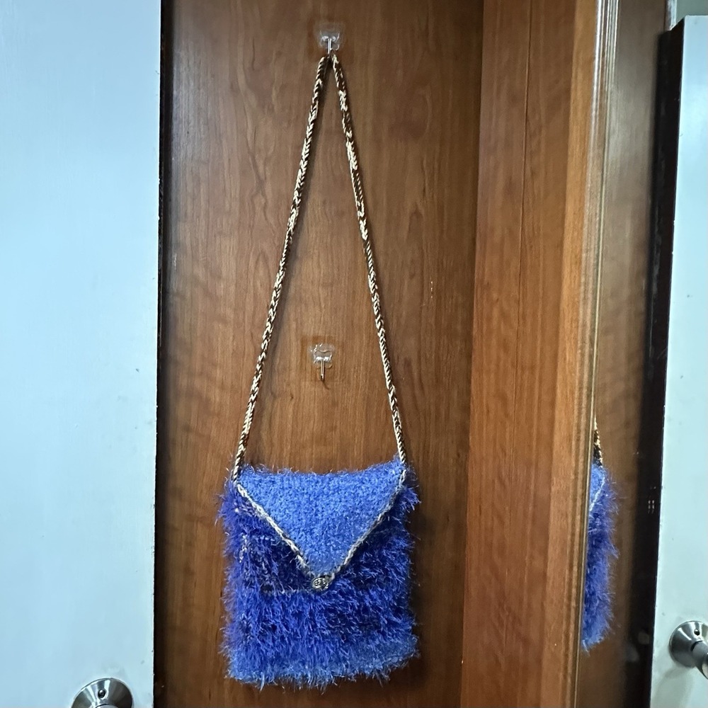 Handmade Blue Fuzzy‎ Crochet Crossbody Bag Eyelash Yarn Boho Festival Purse